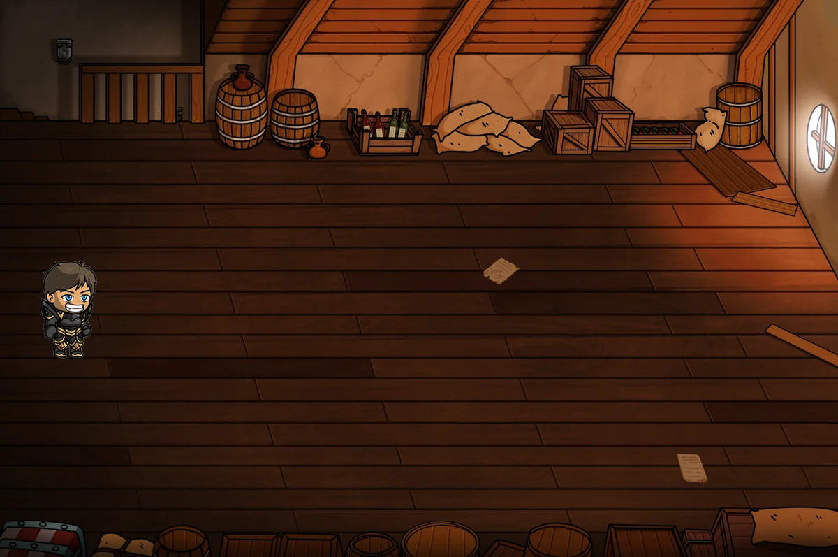 The attic above the tavern, filled with barrels, crates and sacks