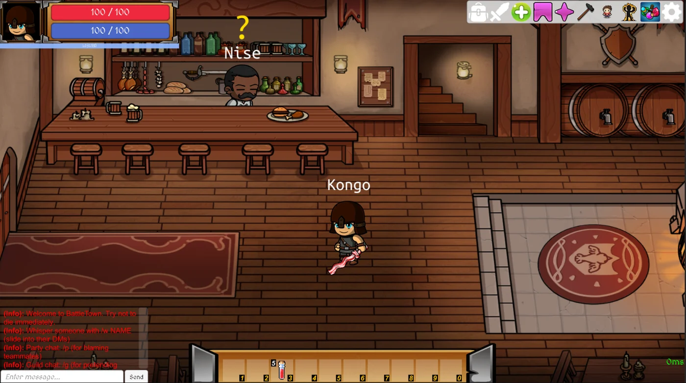 The BattleTown tavern in game, with the bartender Nise behind the bar and a hero standing in the middle of the room